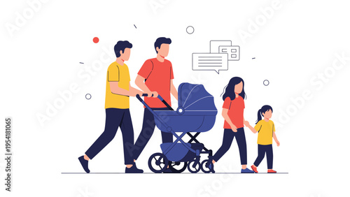 Two male parents walk together pushing a blue baby stroller accompanied by their two young daughters in a park scene.