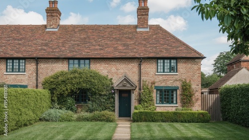 A charming two-story brick house with a well-manicured lawn and garden
