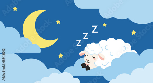 Cute white sheep sleeping peacefully on fluffy clouds under a crescent moon and stars in the night sky on blue.
