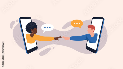 Two hands reach out towards each other through smartphone screens representing long distance connection and love.