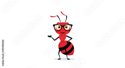 Red ant character wearing black glasses and standing in a friendly pose on a plain white background for kids education.
