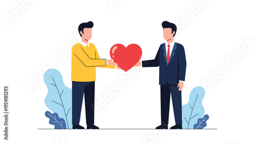 Two men in business and casual attire hold a large red heart together as a sign of mutual support and partnership.