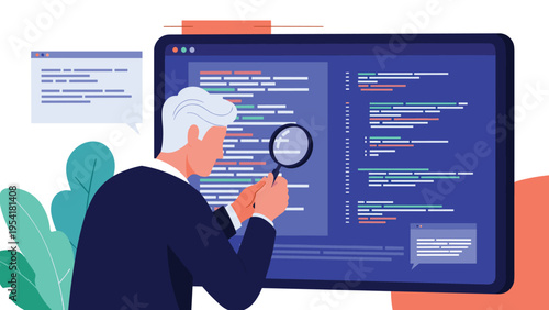 Software developer uses a magnifying glass to inspect lines of programming code on a large dark computer monitor.