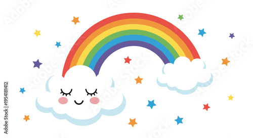 Colorful rainbow connecting two white clouds where one has a smiling face and colorful stars on white background.