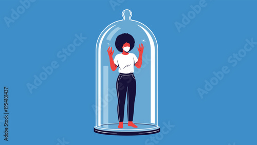 Woman wearing a protective mask stands inside a giant glass bell jar representing isolation and social distancing.