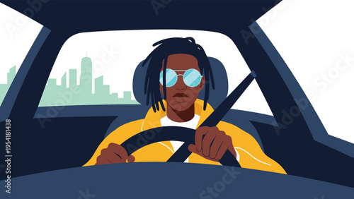 Cool person with dreadlocks and sunglasses drives a car with a clear view of the city skyline in the background.