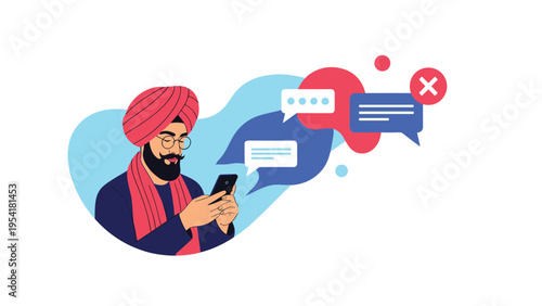 Man in a pink turban uses a smartphone while colorful chat bubbles and a red error icon float around his head.
