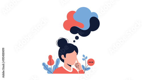 Young woman thinking with a colorful abstract thought bubble above her head representing creativity and imagination.
