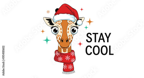 Festive giraffe wearing a red Santa hat and scarf with stay cool text and colorful stars around its head.