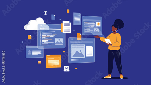 Software developer or data analyst interacting with multiple floating digital windows containing code and information.