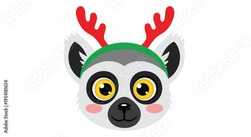 Adorable lemur head wearing a green headband with red reindeer antlers on a white background.