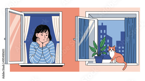 Two separate scenes showing a pensive woman looking out of one window and a ginger cat sitting in another window.