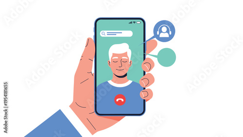 Close up of a hand holding a smartphone during a video call with a friendly senior man displayed on the screen interface.