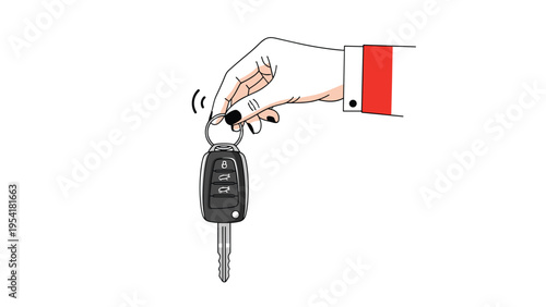 Detailed illustration of a person holding a modern black car key fob with buttons for lock and unlock functions.