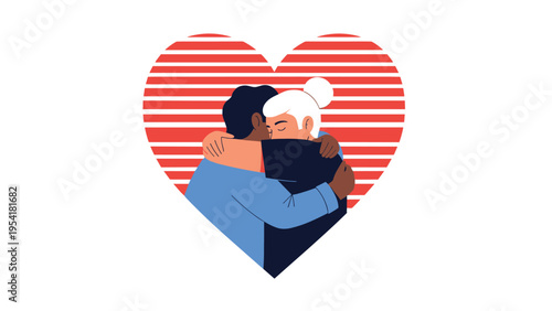 Warm and affectionate illustration of two diverse people embracing each other within a large red and white striped heart.