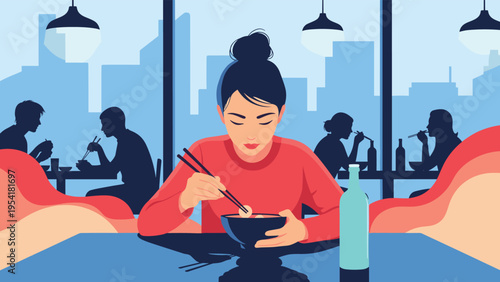 Young woman sitting alone and eating a bowl of noodles with chopsticks in a busy city restaurant at night.