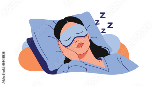 Young woman sleeping peacefully in bed with a blue sleep mask and soft pillows with zzz sleep symbols nearby.