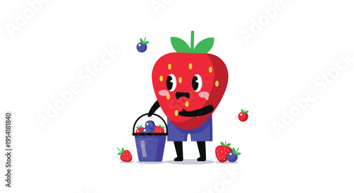 Busy cartoon strawberry character dressed in blue shorts and carrying a bucket filled with berries.