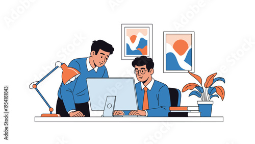 Two professional colleagues or students working together and discussing information on a desktop computer in an office.