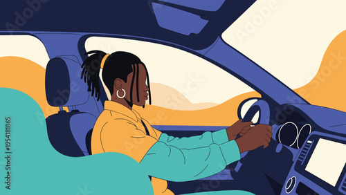 Side view of a person with dreadlocks and a yellow shirt driving a modern car through a beautiful desert landscape.