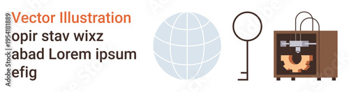 Global communication, technology systems, manufacturing, cybersecurity, innovation, education. Icon set with globe, key and 3D printer. Global communication and technology systems concept