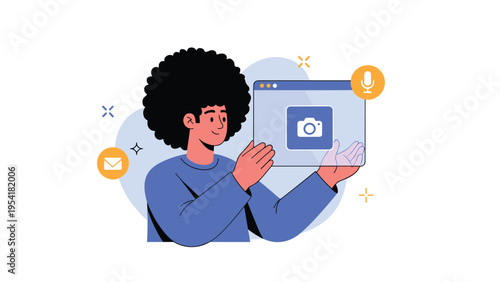 Smiling person with an afro hairstyle holding a digital interface window featuring a camera icon and social media elements.
