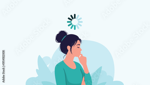 Young woman deep in thought with a digital loading progress bar icon spinning above her head representing thinking or processing.