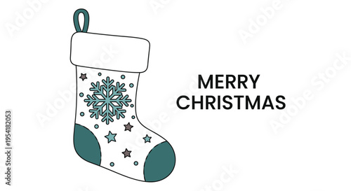 Festive Christmas stocking illustration with a snowflake and stars accompanied by a cheerful holiday greeting on a white background.
