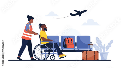 Female airport staff member in a safety vest pushing a male traveler in a wheelchair through the terminal with a plane taking off.
