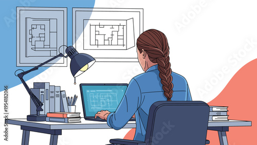 Female architect or designer working on a laptop at her desk with detailed floor plans and blueprints displayed on the wall.