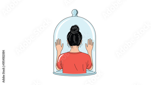 Back view of a young woman with a hair bun trapped inside a large glass bell jar representing isolation or social anxiety.
