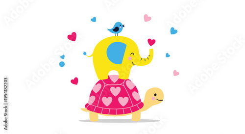 Whimsical cartoon elephant standing on a turtle's back with a small blue bird on top and surrounded by floating pink hearts.