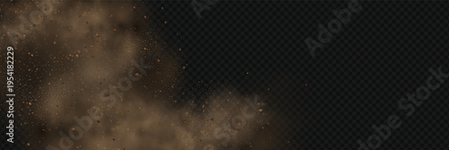 Realistic vector background of sandy smoke clouds and fine dust particles swirling in a desert storm. Brown dune explosion with yellow flying sand, dirt clusters, and textured wind effect.