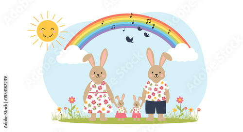 Happy rabbit family consisting of parents and two children standing together in a meadow under a bright sun and colorful rainbow.
