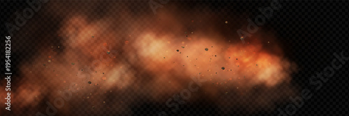 Realistic vector background of sandy smoke clouds and fine dust particles swirling in a desert storm. Brown dune explosion with yellow flying sand, dirt clusters, and textured wind effect.