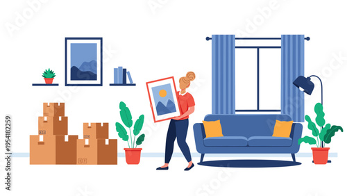Woman holding a framed picture and walking through her new living room filled with cardboard moving boxes and furniture.
