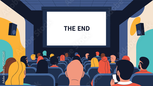 Audience sitting in a dark movie theater watching the end of a film as the words The End appear on the large white screen.