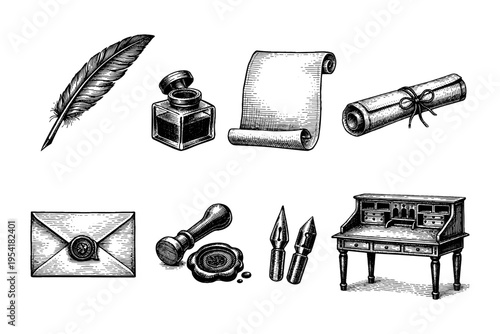 Vintage writing tools and stationery collection, hand-drawn illustration