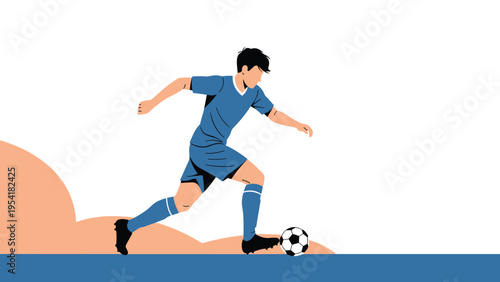 Athletic man in a blue sports uniform skillfully dribbling a soccer ball across a field against a minimalist background.