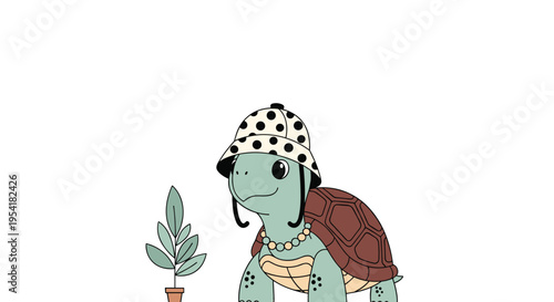 Curious cartoon turtle wearing a stylish polka dot hat and a pearl necklace while looking at a small green plant in a clay pot.