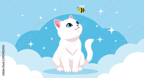 Tiny white kitten sitting on a cloud and looking up at a small bee in a starry blue sky to create a magical and sweet illustration.