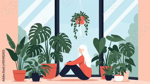 Young woman with long white hair sitting peacefully on the floor surrounded by a large variety of lush green indoor plants.