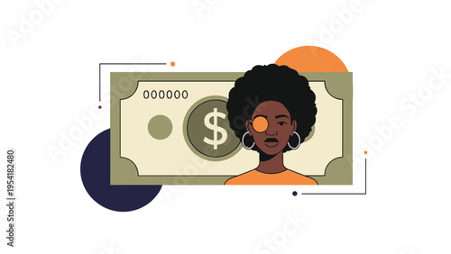 Empowered Black woman with an afro hairstyle standing confidently in front of a giant stylized one dollar banknote.