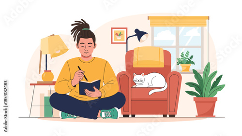 Young person with dreadlocks sitting on the floor and writing in a journal while a white cat rests on an armchair behind them.