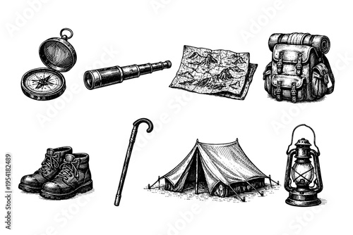 Vintage camping and exploration gear collection, hand-drawn sketch style