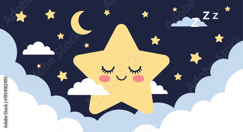 Adorable yellow star character sleeping soundly on clouds in a starry night sky with a crescent moon and sweet dreams symbols.
