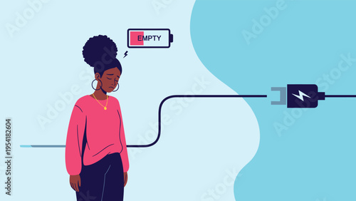 Tired woman with low energy levels symbolized by empty battery icon stands near disconnected power plug representing burnout.