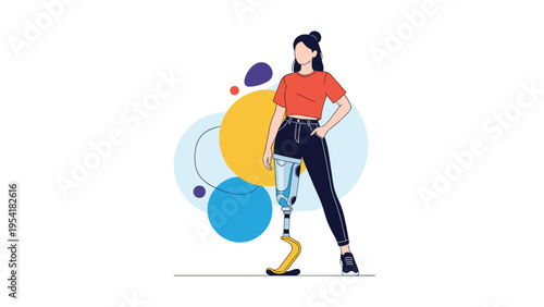Confident woman with prosthetic leg standing proudly against abstract colorful background circles representing inclusivity.