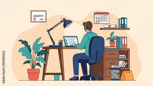 Man with headphones working on laptop at desk in organized home office space with files, plants, and calendar on the wall.