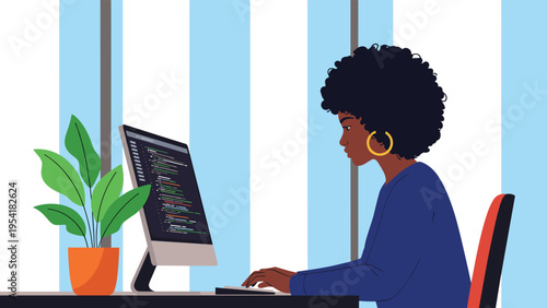 Focused woman developer working on code at her desk with a computer monitor displaying programming languages in modern office.